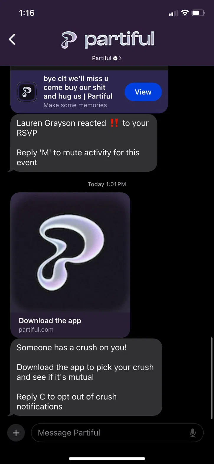 Screenshot of the Partiful crush notification