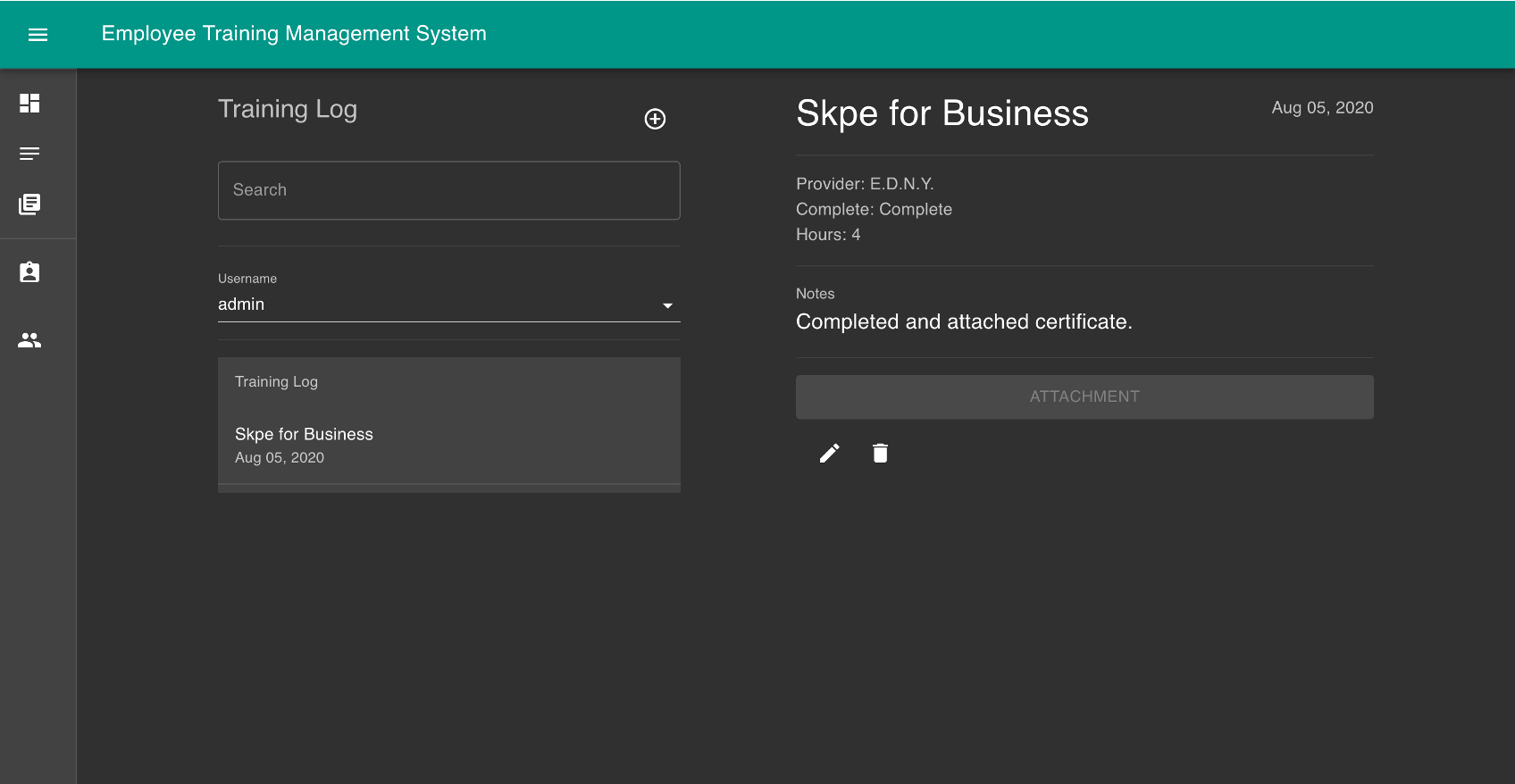 Sample log entry in virtual training log.