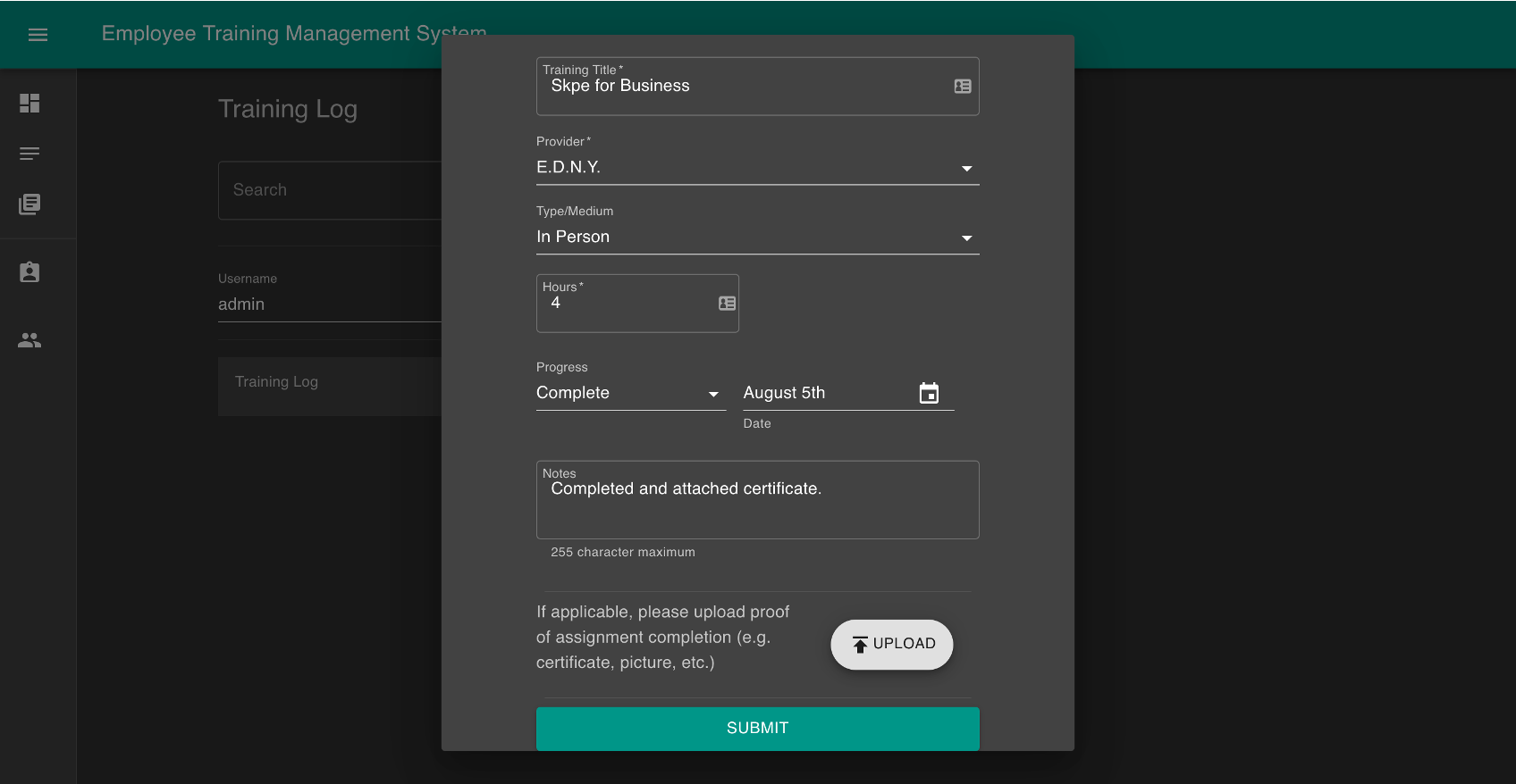 Sample entry form for the training log.